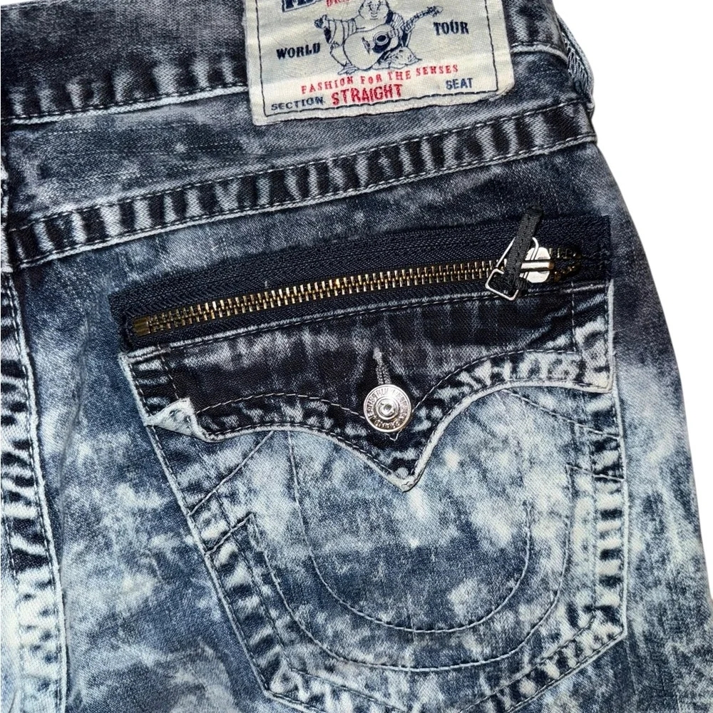 True Religion Straight Acid wash Distressed Blue Jeans Flap Pocket